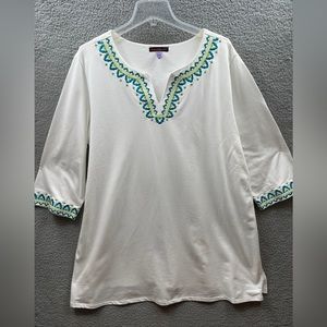 Stan Herman 1X Plus Womens Tunic Pool cover up White embroidered collar cuffs
